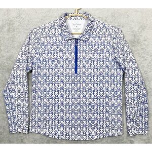 San Soleil Top Womens XL White Blue Geometric Chain Link 1/4 Zip Golf Shirt UPF